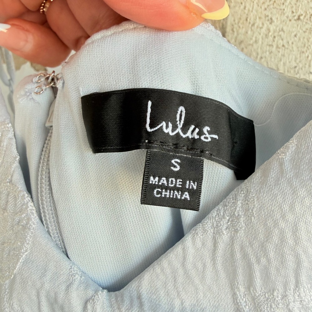 Lulus Midi Dress Jacquard Tulip Wedding Guest Cocktail Party Light Blue Womens S - Picture 4 of 11